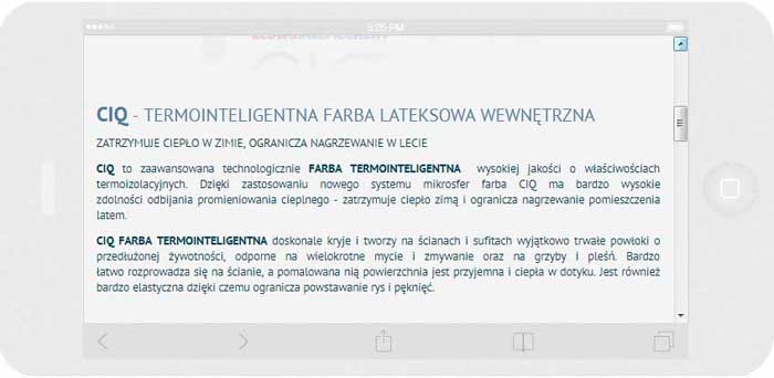 <p>Software auf Bestellung für Polifarb Kalisz S.A. - Website.<br />Website in RWD-Technik. <br />Präsentation der gewählten Website auf dem iPhone 6 im Panoramaformat, Bildschirmbreite 736 px</p>