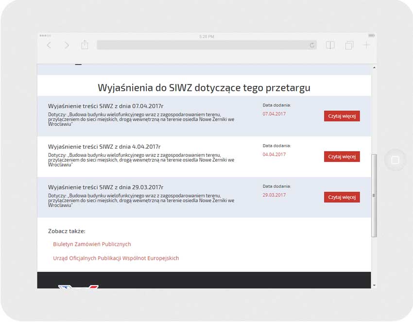 <p>Software auf Bestellung für TBS Wrocław Sp. z o.o. - Website.<br />Website in RWD-Technik. <br />Präsentation der gewählten Website auf dem Ipad im Panoramaformat, Bildschirmbreite 1024 px</p>