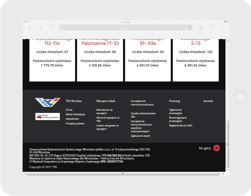 <p>Software auf Bestellung für TBS Wrocław Sp. z o.o. - Website.<br />Website in RWD-Technik. <br />Präsentation der Startseite auf dem Ipad im Panoramaformat, Bildschirmbreite 1024 px</p>