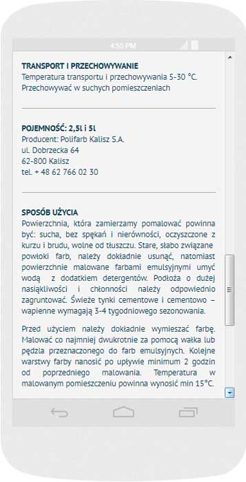 <p>Software auf Bestellung für Polifarb Kalisz S.A. - Website.<br />Website in RWD-Technik. <br />Präsentation der gewählten Website auf dem Android (Nexus 4) im Porträtformat, Bildschirmbreite 384 px</p>