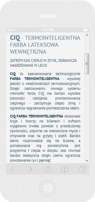 <p>Software auf Bestellung für Polifarb Kalisz S.A. - Website.<br />Website in RWD-Technik. <br />Präsentation der gewählten Website auf dem iPhone 5 im Porträtformat, Bildschirmbreite 320 px</p>