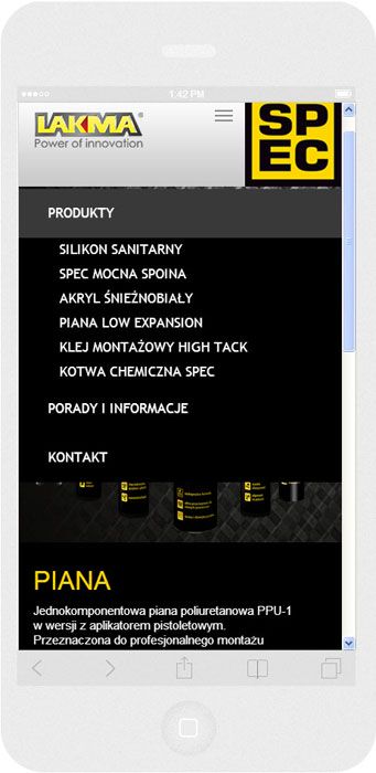 <p>Software auf Bestellung für Lakma SAT - Website.<br />Website in RWD-Technik. <br />Präsentation des Menü-Layouts des Produktbereichs auf dem iPhone 6 im Porträtformat, Bildschirmbreite 414 px</p>