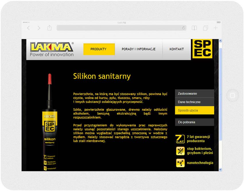 <p>Software auf Bestellung für Lakma SAT - Website.<br />Website in RWD-Technik. <br />Produktkarte auf dem Ipad im Panoramaformat, Bildschirmbreite 1024 px</p>