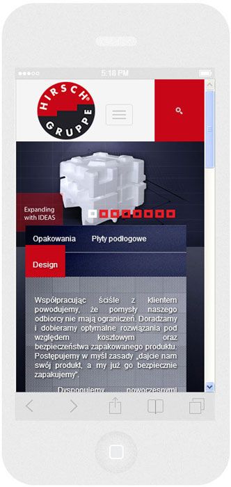 <p>Software auf Bestellung für Hirsch Porozell sp. z o.o. - Website.<br />Website in RWD-Technik. <br />Präsentation der Startseite auf dem iPhone 5 im Porträtformat, Bildschirmbreite 320 px</p>