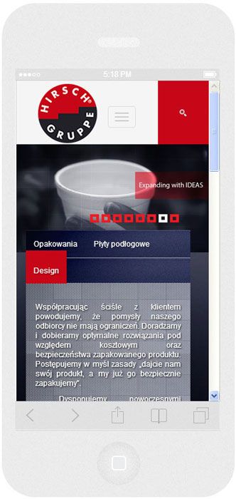 <p>Software auf Bestellung für Hirsch Porozell sp. z o.o. - Website.<br />Website in RWD-Technik. <br />Präsentation der Startseite auf dem iPhone 5 im Porträtformat, Bildschirmbreite 320 px</p>