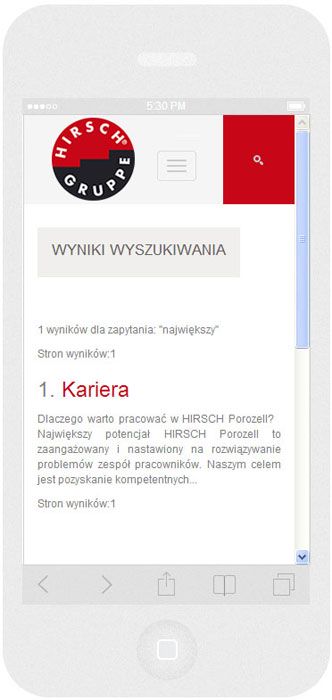 <p>Software auf Bestellung für Hirsch Porozell sp. z o.o. - Website.<br />Website in RWD-Technik. <br />Präsentation der gewählten Website auf dem iPhone 5 im Porträtformat, Bildschirmbreite 320 px</p>