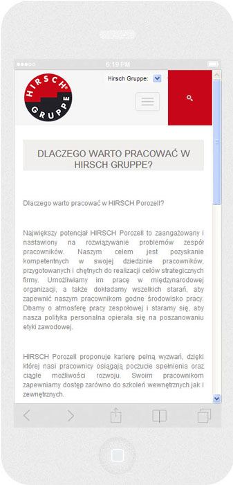 <p>Software auf Bestellung für Hirsch Porozell sp. z o.o. - Website.<br />Website in RWD-Technik. <br />Präsentation der gewählten Website auf dem iPhone 6 im Porträtformat, Bildschirmbreite 375 px</p>