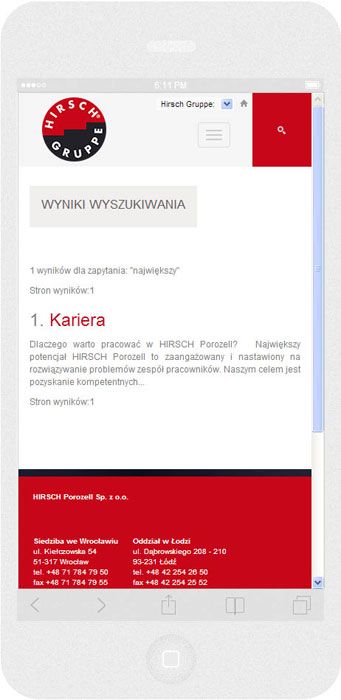 <p>Software auf Bestellung für Hirsch Porozell sp. z o.o. - Website.<br />Website in RWD-Technik. <br />Präsentation der gewählten Website auf dem iPhone 6 im Porträtformat, Bildschirmbreite 414 px</p>