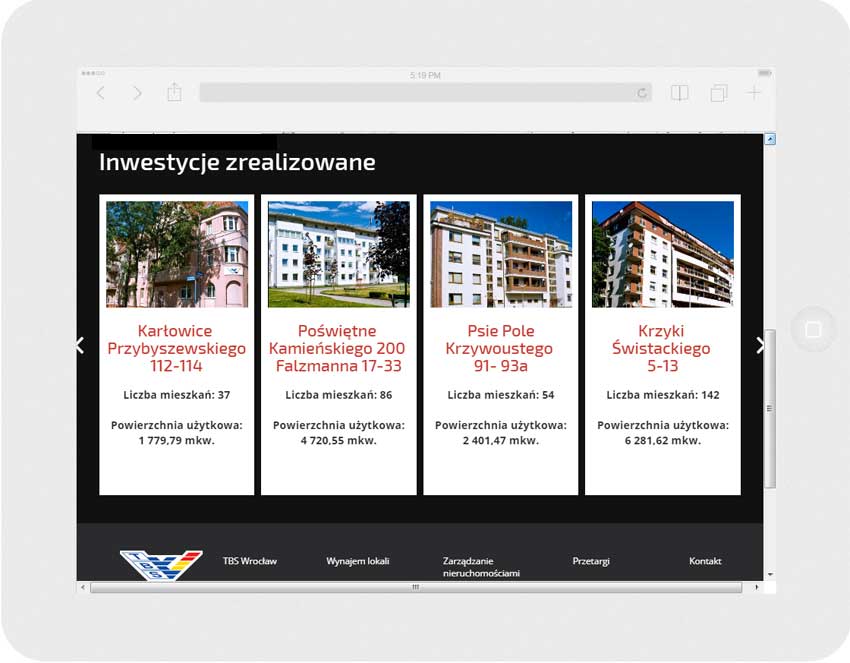 <p>Software on request for TBS Wrocław – website.<br />Website in RWD technology.<br />Homepage presentation for Ipad, in panorama layout, screen width: 1024 px</p>