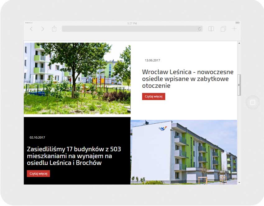 <p>Software on request for TBS Wrocław – website.<br />Website in RWD technology.<br />Selected websites for for Ipad, in panorama layout, screen width: 1024 px</p>