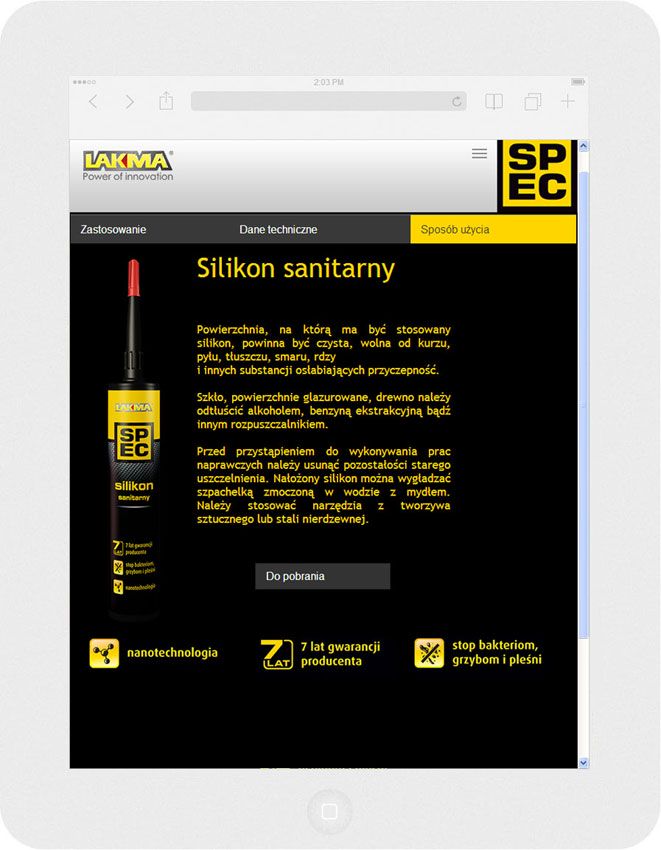 <p>Software on request for Lakma SAT – website.<br />Website in RWD technology.<br />Product sheet presentation for Ipad, in portrait layout, screen width: 768 px</p>
