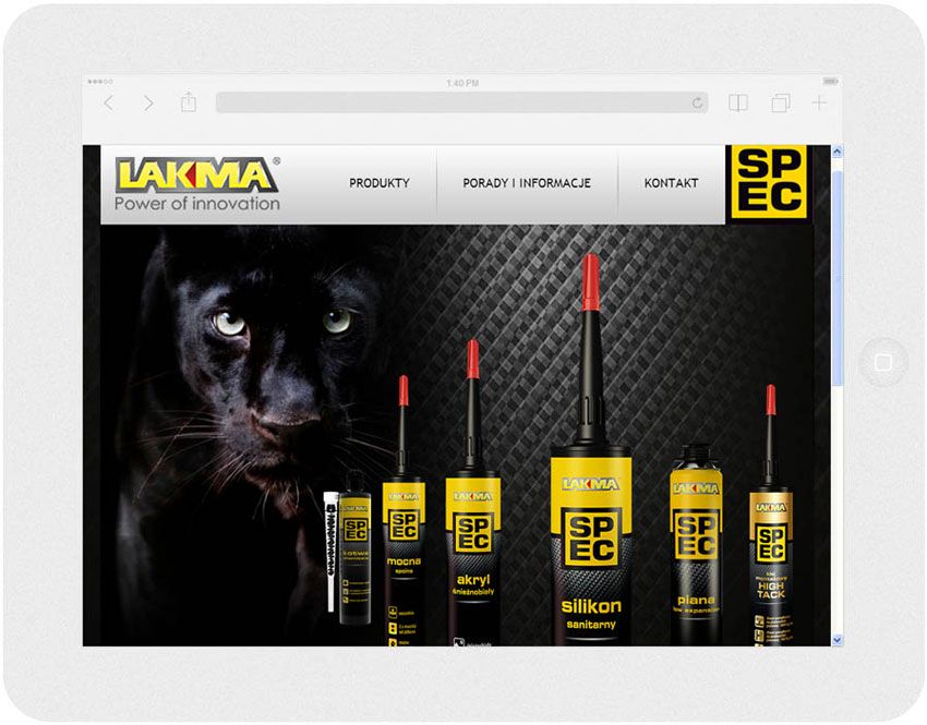 <p>Software on request for Lakma SAT – website.<br />Website in RWD technology.<br />Homepage presentation for Ipad, in panorama layout, screen width: 1024 px</p>