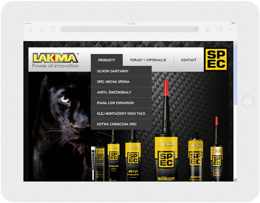 <p>Software on request for Lakma SAT – website.<br />Website in RWD technology.<br />Product section menu layout presentation for Ipad, in panorama layout, screen width: 1024 px</p>