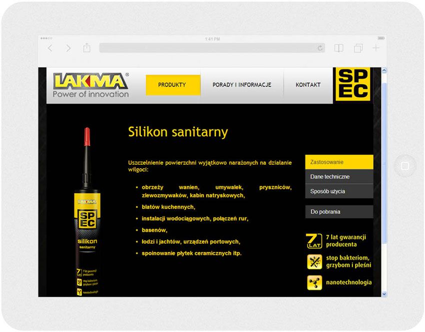 <p>Software on request for Lakma SAT – website.<br />Website in RWD technology.<br />Product sheet for Ipad, in panorama layout, screen width: 1024 px</p>