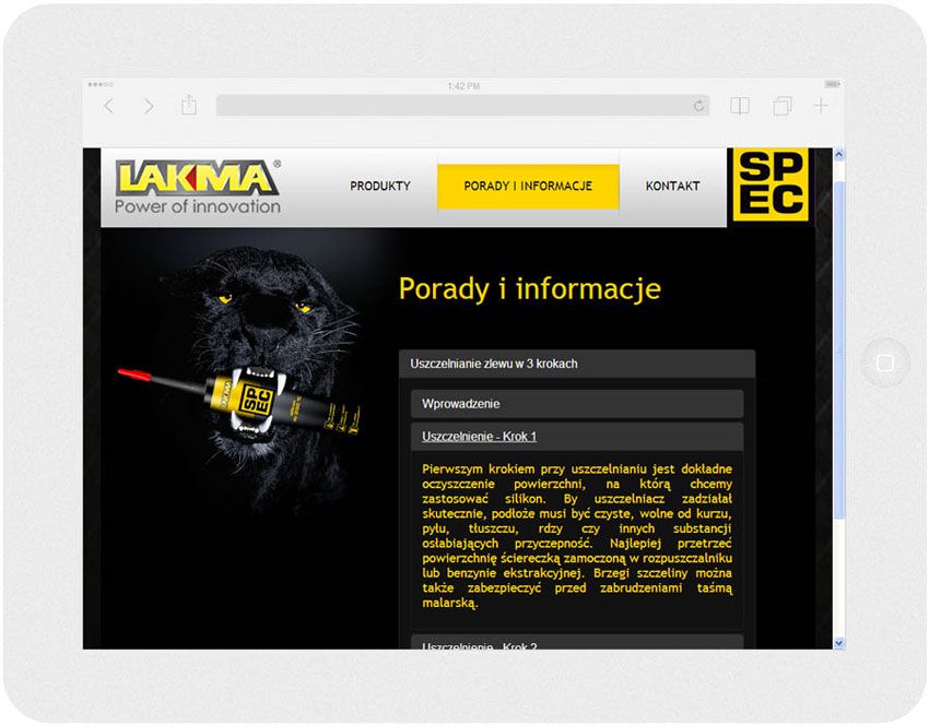 <p>Software on request for Lakma SAT – website.<br />Website in RWD technology.<br />Advice section presentation for Ipad, in panorama layout, screen width: 1024 px</p>