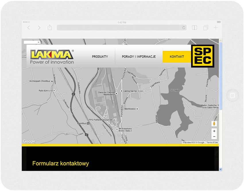 <p>Software on request for Lakma SAT – website.<br />Website in RWD technology.<br />Contact section presentation for Ipad, in panorama layout, screen width: 1024 px</p>