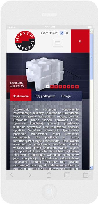 <p>Software on request for Hirsch Porozell – website.<br />Website in RWD technology.<br />Homepage presentation for iPhone 6, in portrait layout, screen width: 375 px</p>