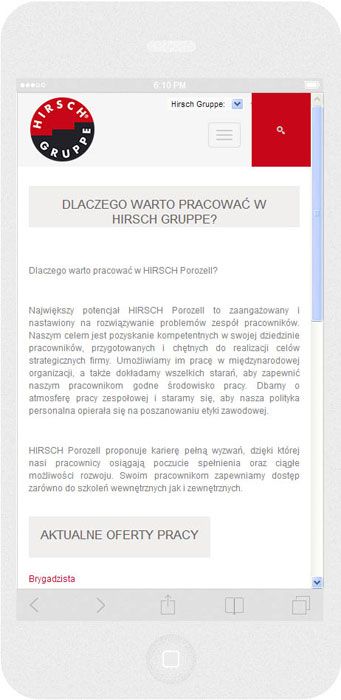 <p>Software on request for Hirsch Porozell – website.<br />Website in RWD technology.<br />Selected websites for iPhone 6, in portrait layout, screen width: 414 px</p>