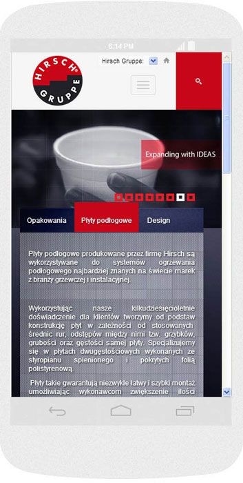 <p>Software on request for Hirsch Porozell – website.<br />Website in RWD technology.<br />Homepage presentation for Android (Nexus4), in portrait layout, screen width: 384 px</p>
