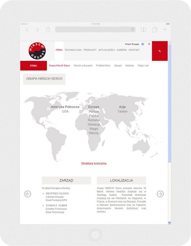 <p>Software on request for Hirsch Porozell – website.<br />Website in RWD technology.<br />Selected websites for Ipad, in portrait layout, screen width: 768 px</p>
