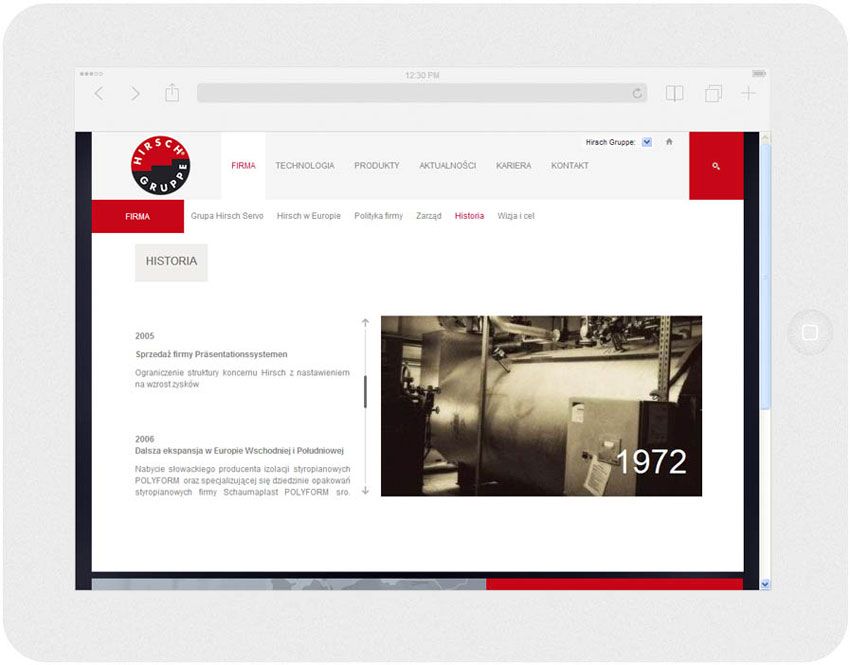 <p>Software on request for Hirsch Porozell – website.<br />Website in RWD technology.<br />Selected websites for Ipad, in panorama layout, screen width: 1024 px</p>