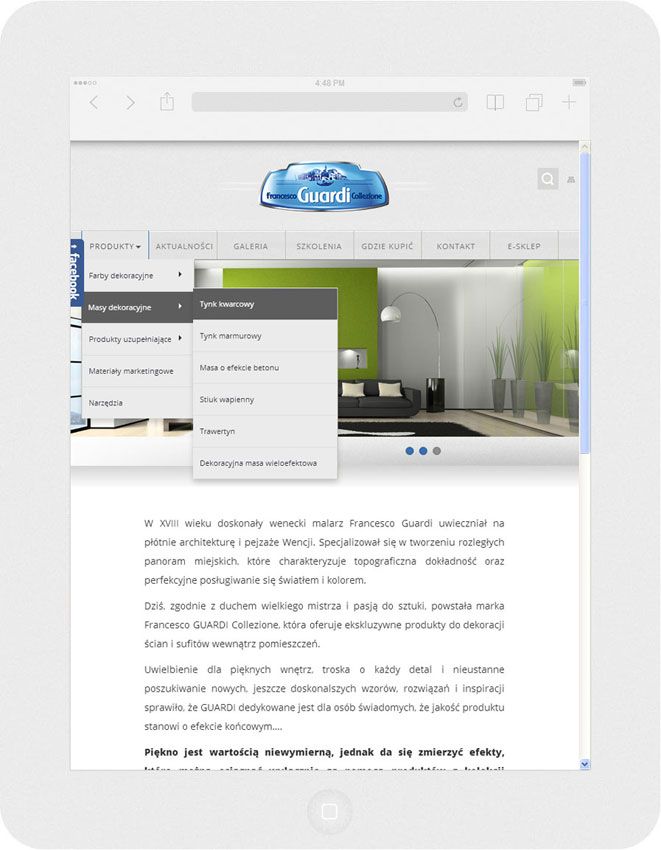 <p>Software on request for Lakma SAT – website.<br />Website in RWD technology.<br />Product section menu layout presentation for Ipad, in portrait layout, screen width: 768 px</p>