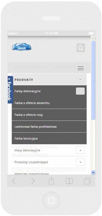 Oprogramowanie na zamówienie Lakma SAT - strona internetowa.<br>Strona internetowa w technice RWD. <br>Prezentacja układu menu sekcji produktowej na  iPhone 5 w układzie portret szerokość ekranu 320 px