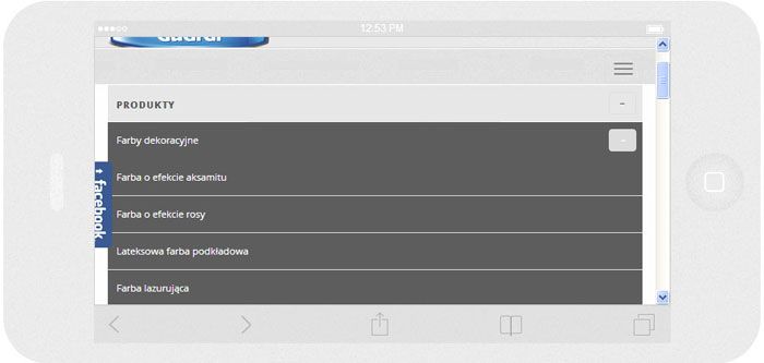 Oprogramowanie na zamówienie Lakma SAT - strona internetowa.<br>Strona internetowa w technice RWD. <br>Prezentacja układu menu sekcji produktowej na  iPhone 6 w układzie panorama szerokość ekranu 667px