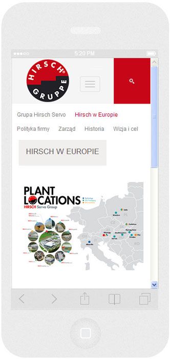 Oprogramowanie na zamówienie dla Hirsch Porozell - strona internetowa.<br>Strona internetowa w technice RWD. <br>Prezentacja wybranej strony WWW na  iPhone 5 w układzie portret szerokość ekranu 320 px