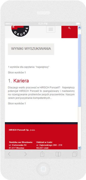 Oprogramowanie na zamówienie dla Hirsch Porozell - strona internetowa.<br>Strona internetowa w technice RWD. <br> Prezentacja wybranej strony WWW na  iPhone 6 w układzie portret szerokość ekranu 375 px