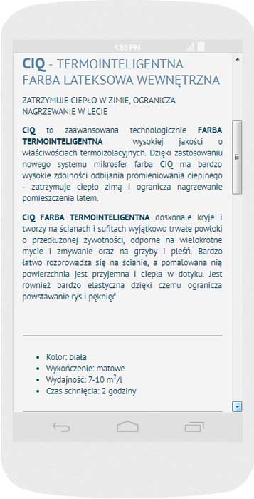Software personalizzato. Per l'azienda Polifar Kalisz abbiamo creato il sito web in tecnica del RWD.<br>La presentazione della pagina selezionata del sito web. La modalità ritratto sull' Android (Nexus 4). Larghezza dello schermo 384px
