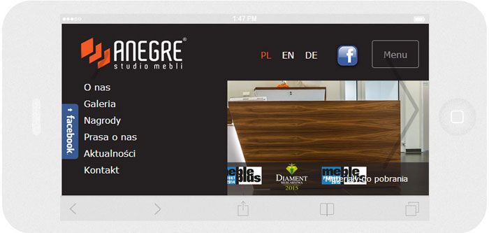 Software personalizzato. Per l'azienda Anegre abbiamo creato il sito web in tecnica del RWD.<br>L'aspetto del menu del sito web. La modalità panorama sull' iPhone6. Larghezza dello schermo 667px