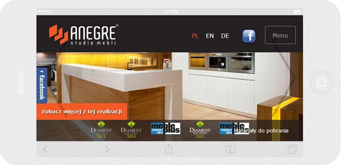 Software personalizzato. Per l'azienda Anegre abbiamo creato il sito web in tecnica del RWD.<br>La presentazione della pagina iniziale del sito web. La modalità panorama sull 'iPhone6. Larghezza dello schermo 736px