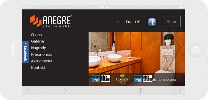 Software personalizzato. Per l'azienda Anegre abbiamo creato il sito web in tecnica del RWD.<br>L'aspetto del menu del sito web. La modalità panorama sull' iPhone6. Larghezza dello schermo 736px