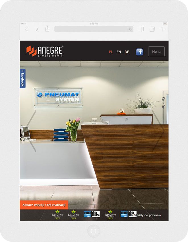 Software personalizzato. Per l'azienda Anegre abbiamo creato il sito web in tecnica del RWD.<br>La presentazione della pagina iniziale del sito web. La modalità ritratto sull' Ipad. Larghezza dello schermo 768px