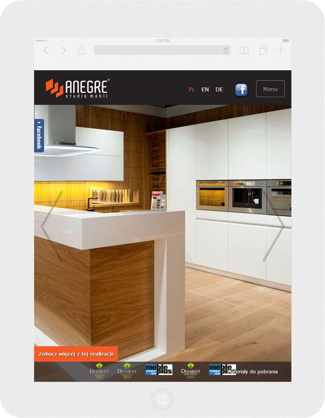 Software personalizzato. Per l'azienda Anegre abbiamo creato il sito web in tecnica del RWD.<br>La presentazione della pagina iniziale del sito web. La modalità ritratto sull' Ipad. Larghezza dello schermo 768px