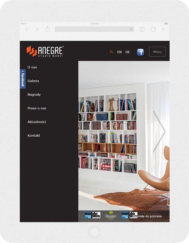 Software personalizzato. Per l'azienda Anegre abbiamo creato il sito web in tecnica del RWD.<br>L'aspetto del menu del sito web. La modalità ritratto sull' Ipad. Larghezza dello schermo 768px