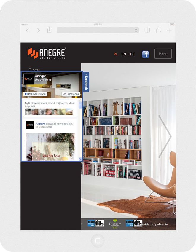 Software personalizzato. Per l'azienda Anegre abbiamo creato il sito web in tecnica del RWD.<br>La scheda Facebook. La modalità ritratto sull' Ipad. Larghezza dello schermo 768px