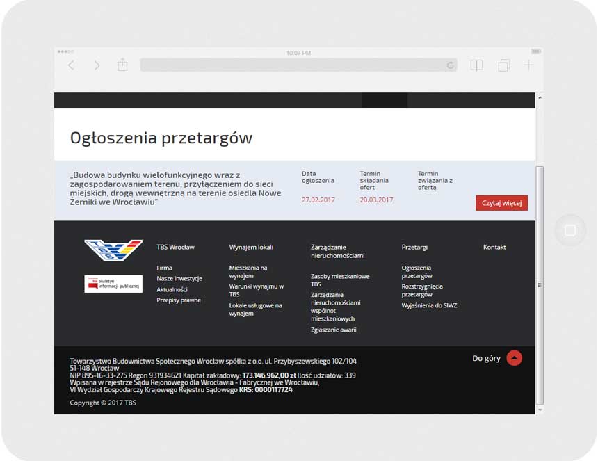 Oprogramowanie na zamówienie dla TBS Wrocław - strona internetowa.<br>Strona internetowa w technice RWD. <br>Prezentacja wybranej  WWW na Ipad w układzie panorama szerokość ekranu 1024 px