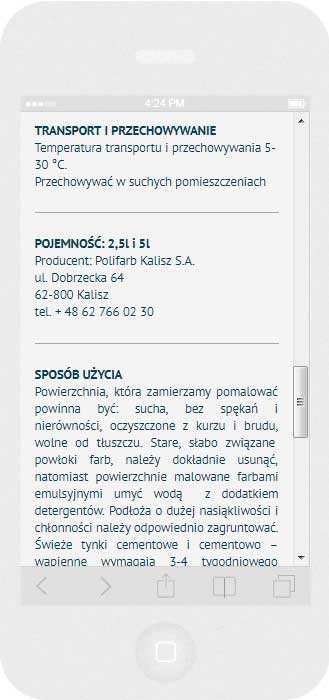 Oprogramowanie na zamówienie dla Polifarb Kalisz - strona internetowa.<br>Strona internetowa w technice RWD. <br>Prezentacja wybranej strony WWW na  iPhone 5 w układzie portret szerokość ekranu 320 px