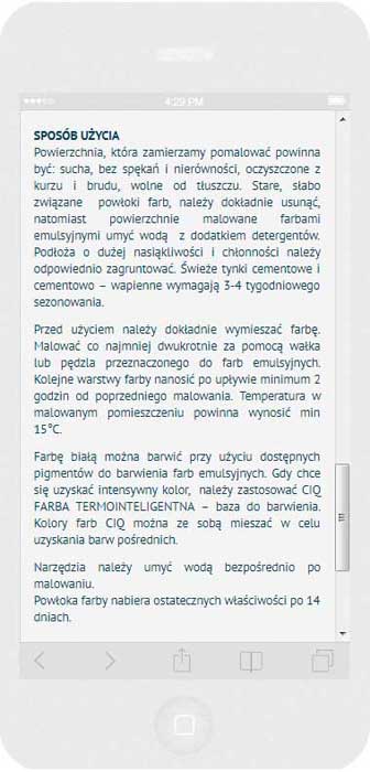 Oprogramowanie na zamówienie dla Polifarb Kalisz - strona internetowa.<br>Strona internetowa w technice RWD. <br> Prezentacja wybranej strony WWW na  iPhone 6 w układzie portret szerokość ekranu 375 px