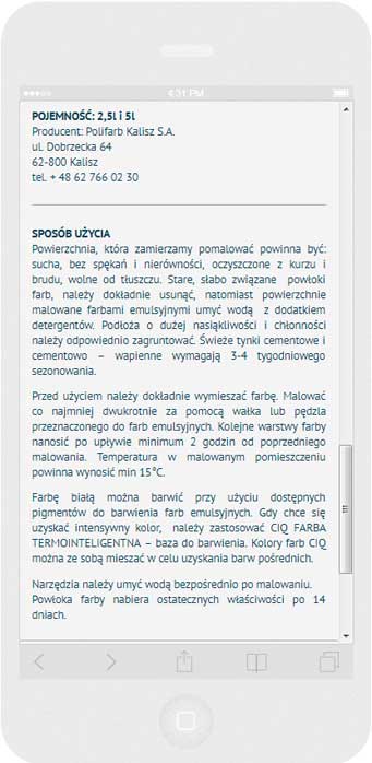 Oprogramowanie na zamówienie dla Polifarb Kalisz - strona internetowa.<br>Strona internetowa w technice RWD. <br>Prezentacja wybranej strony WWW na  iPhone 6 w układzie portret szerokość ekranu 414 px
