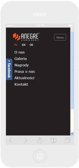 Oprogramowanie na zamówienie dla Anegre - strona internetowa.<br>Strona internetowa w technice RWD. <br>Prezentacja układu menu strony WWW na  iPhone 5 w układzie portret szerokość ekranu 320 px