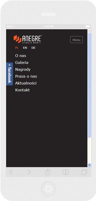 Oprogramowanie na zamówienie dla Anegre - strona internetowa.<br>Strona internetowa w technice RWD. <br> Prezentacja układu menu strony WWW na  iPhone 6 w układzie portret szerokość ekranu 375 px