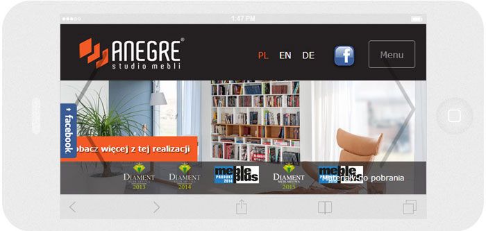 Oprogramowanie na zamówienie dla Anegre - strona internetowa.<br>Strona internetowa w technice RWD. <br>Prezentacja głównej strony WWW na  iPhone 6 w układzie panorama szerokość ekranu 667 px