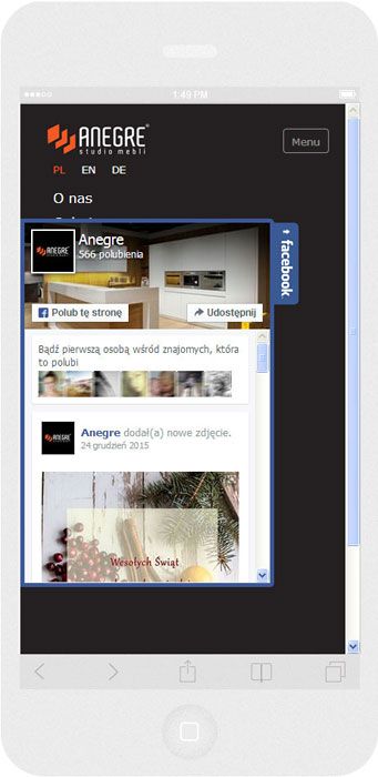 Oprogramowanie na zamówienie dla Anegre - strona internetowa.<br>Strona internetowa w technice RWD. <br>Prezentacja zakładki Facebook na  iPhone 6 w układzie portret szerokość ekranu 414 px