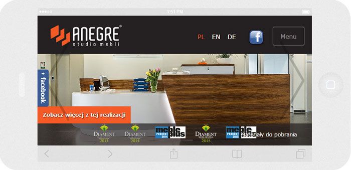 Oprogramowanie na zamówienie dla Anegre - strona internetowa.<br>Strona internetowa w technice RWD. <br>Prezentacja głównej strony WWW na iPhone 6 w układzie panorama szerokość ekranu 736 px