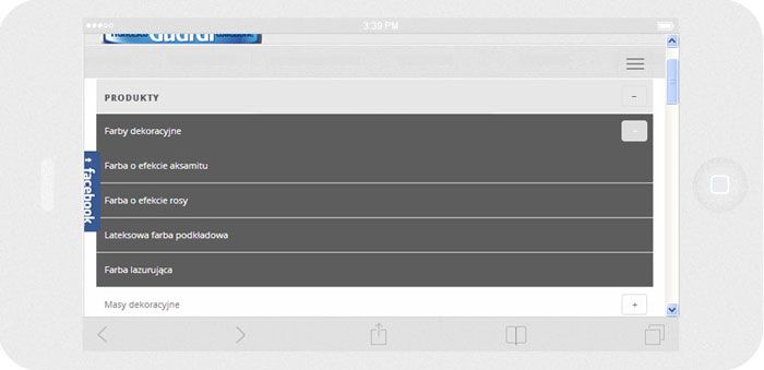 Oprogramowanie na zamówienie Lakma SAT - strona internetowa.<br>Strona internetowa w technice RWD. <br>Prezentacja układu menu sekcji produktowej na iPhone 6 w układzie panorama szerokość ekranu 736 px
