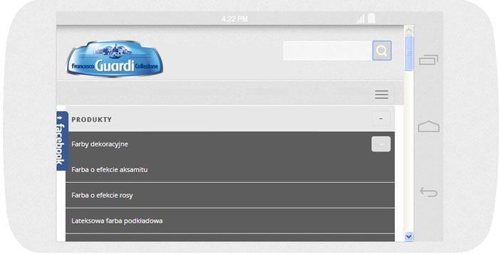 Oprogramowanie na zamówienie Lakma SAT - strona internetowa.<br>Strona internetowa w technice RWD. <br>Prezentacja układu menu strony WWW w sekcji produktowej na Android (Nexus4) w układzie panorama szerokość ekranu 600 px