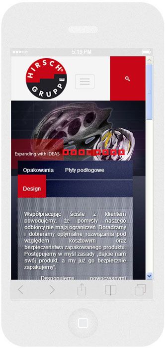 Oprogramowanie na zamówienie dla Hirsch Porozell - strona internetowa.<br>Strona internetowa w technice RWD. <br>Prezentacja głównej strony WWW na  iPhone 5 w układzie portret szerokość ekranu 320 px
